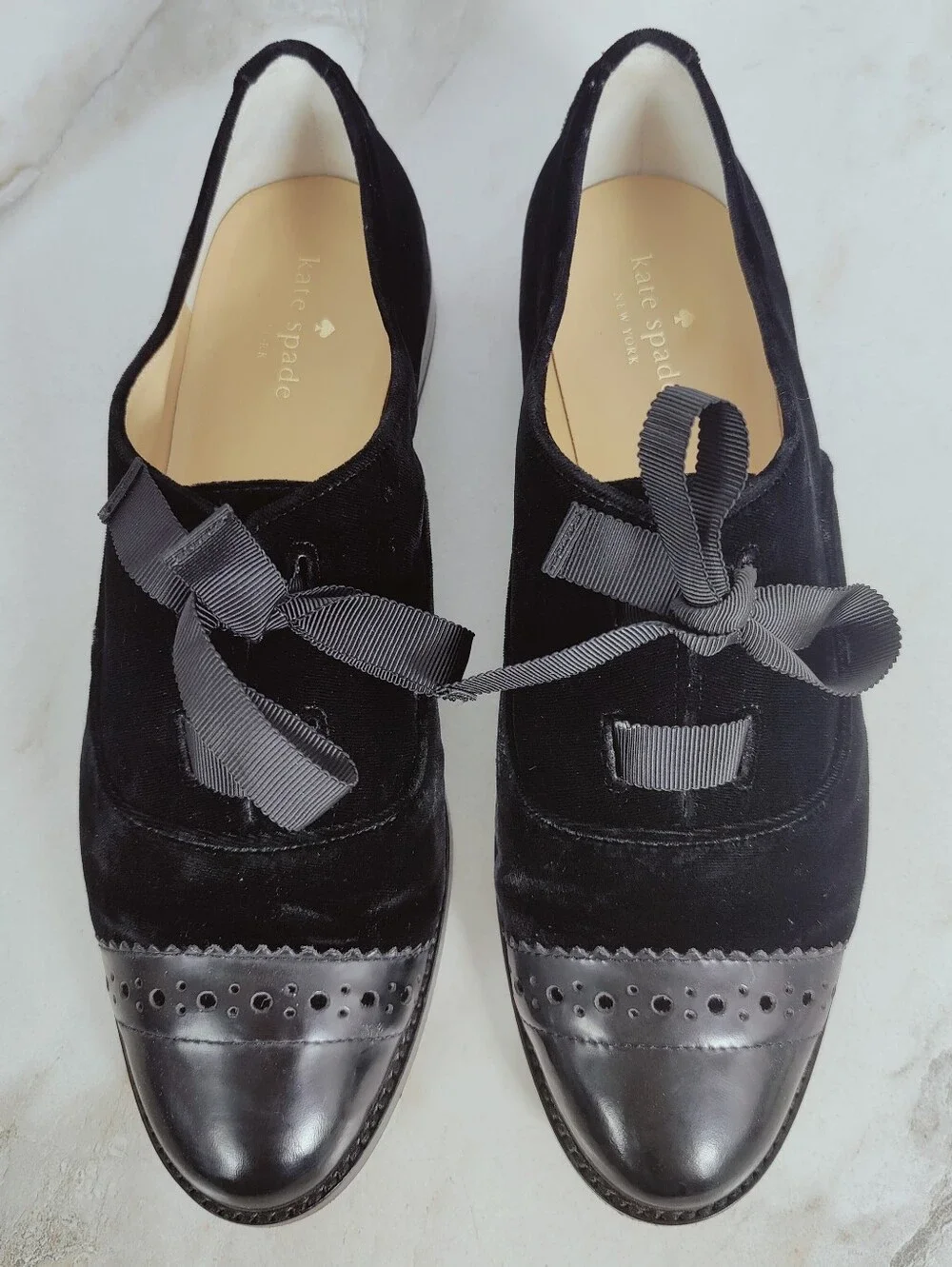 EUC Kate Spade Poppin Too Black Velvet Patent Leather Cap Toe Oxfords, Sz 10